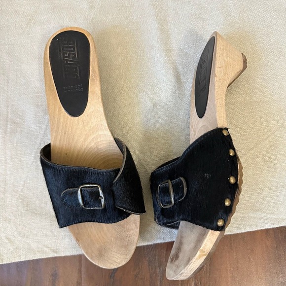 BOSABO Studded Wooden Slide Sandals in Black Calfhair Leather FRANCE MADE - Picture 2 of 12